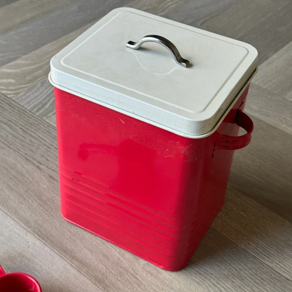 Vintage Style Red Metal Flour Canister Tin with Lid and Scoop Farmhouse Decor
